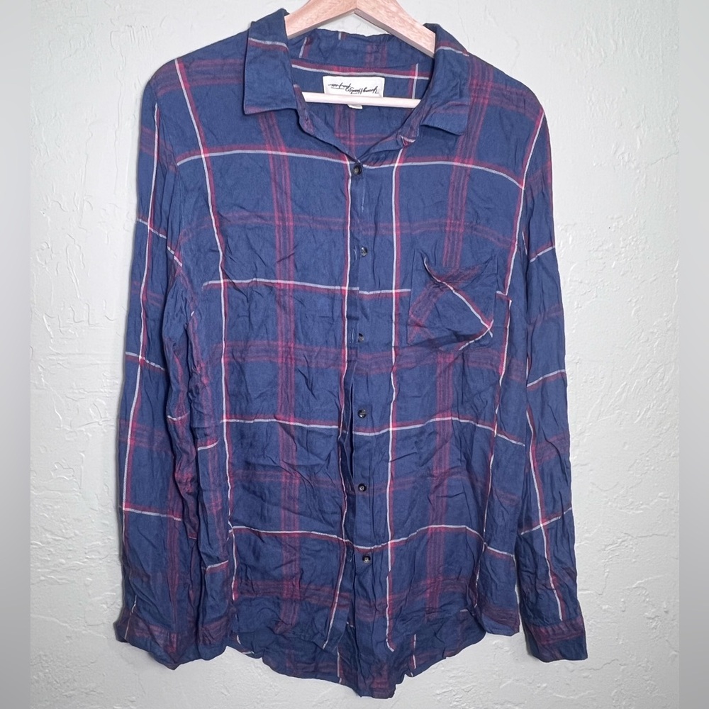 YOUNG HEARTS RUN FREE BLUE AND RED PLAID CASUAL BUTTON-DOWN SHIRT SIZE XL